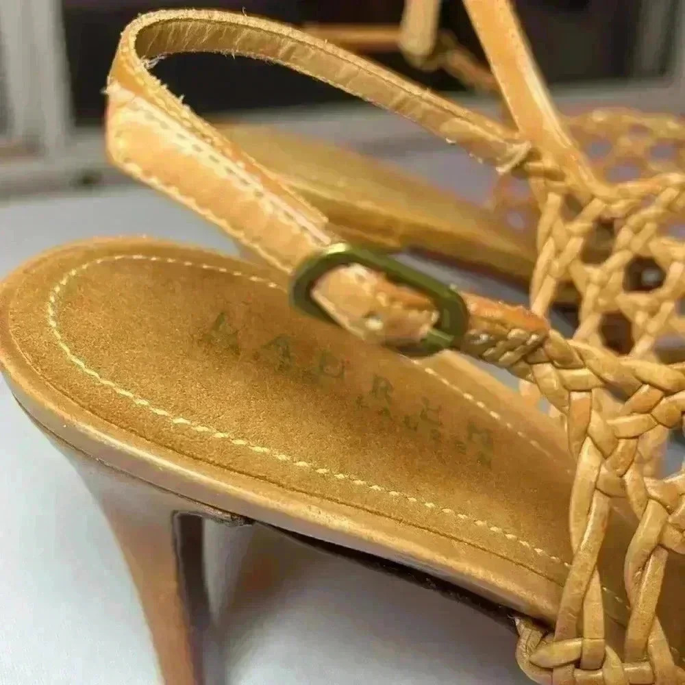 Lauren Ralph Lauren Nadia Brown Tan Leather Woven Sandal Strap Heel Womens Sz 9B - Picture 3 of 10